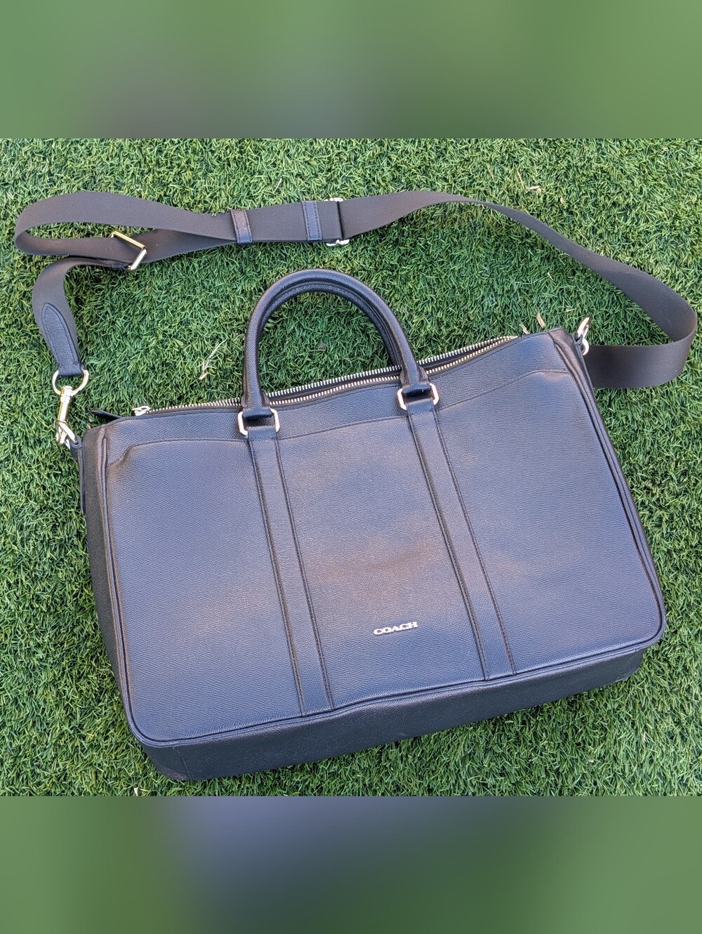 Coach Men's Navy Crossgrain Leather Briefcase 17" Laptop Bag Work Portfolio Stra - Picture 2 of 11